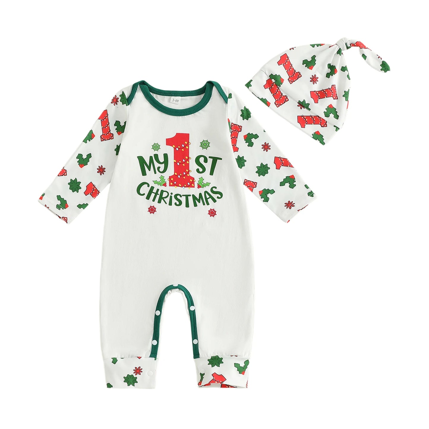 Infant Boy Holiday Romper with Festive Letter and Snowflake Print Long Sleeve Jumpsuit with Matching Hat for Christmas Cheer