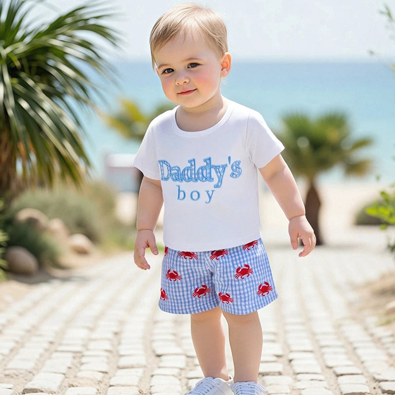 Toddler Boys Casual Outfits with Cute Animal Print Short Sleeves T-Shirt and Elastic Waistband Plaid Shorts Set for Summer