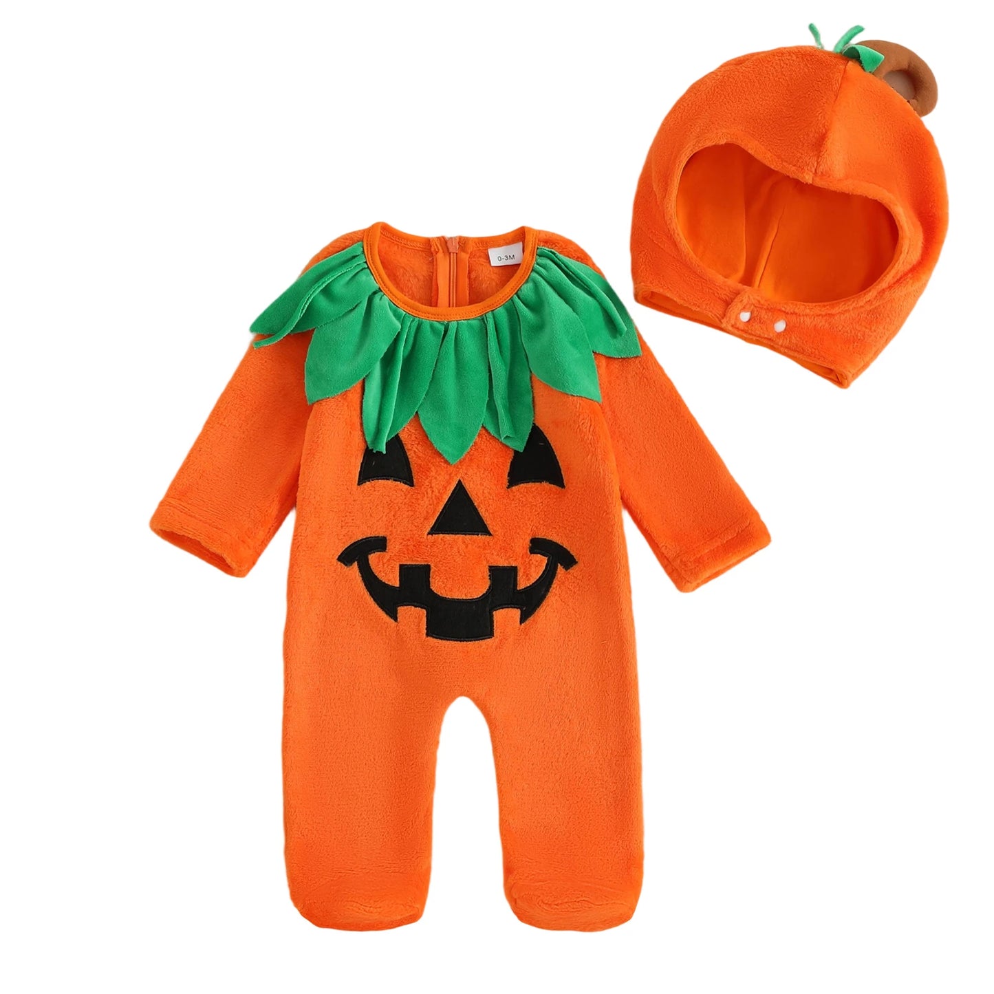 Infant Halloween Costume Set with Long Sleeve Pumpkin Romper Footed Jumpsuit and Matching Hat for Baby Girl