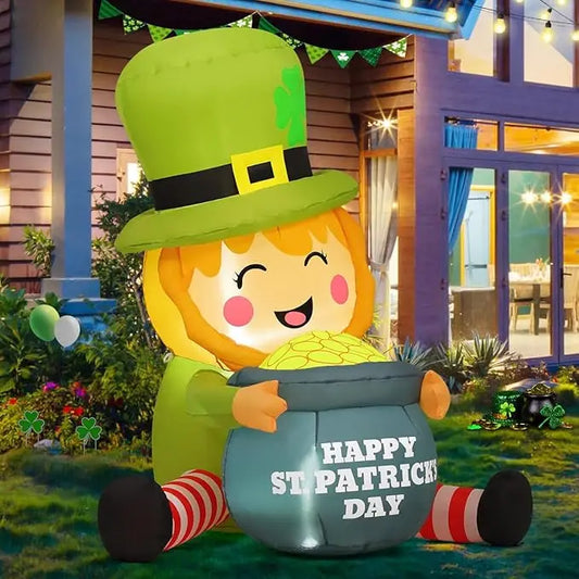 GOOSH 5 FT St Patricks Day Inflatables Outdoor Decorations Blow Up Yard Giant Leprechaun with Gold Coin Pot with Built-in LEDs