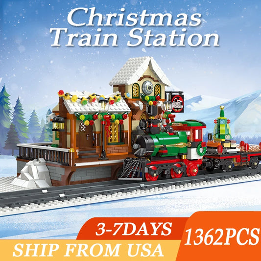 1362PCS Christmas Train Station Building Blocks Kit MOC City Street View Construction Bricks Toys Model Ideal Gifts For Christma