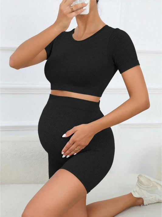 Women's Maternity 2 Piece Seamless Short Sleeve Crop Top Legging Sets Workout Casual