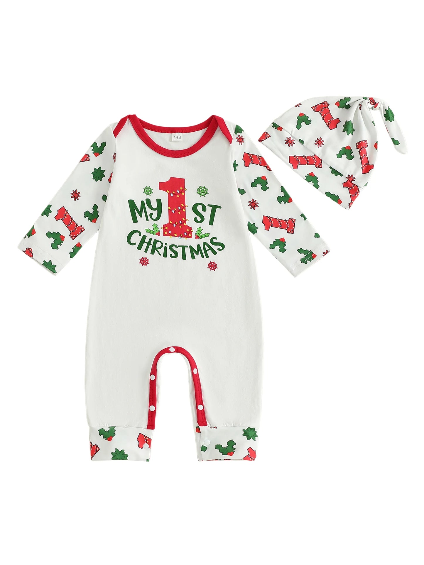 Infant Boy Holiday Romper with Festive Letter and Snowflake Print Long Sleeve Jumpsuit with Matching Hat for Christmas Cheer