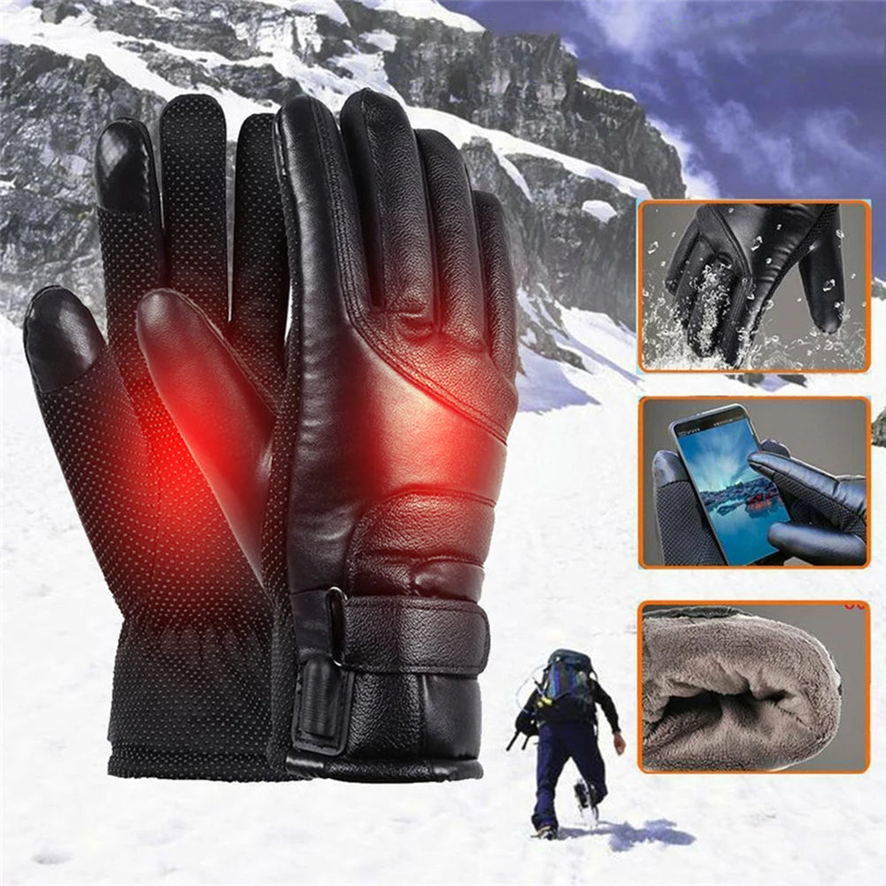 Motorcycle Winter Heated Gloves Windproof Thickened Warm Muffs Waterproof Outdoor Keep Warm Guantes PU Leather for Skiing Hiking