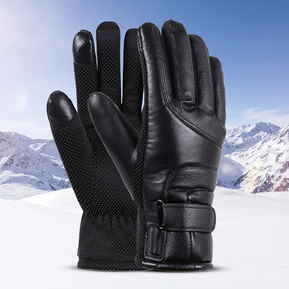 Motorcycle Winter Heated Gloves Windproof Thickened Warm Muffs Waterproof Outdoor Keep Warm Guantes PU Leather for Skiing Hiking