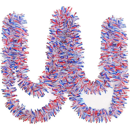 KIMOBER 32.8 Ft 4th of July Tinsel Garland Red White Blue Metallic Garland for Independee Day Memorial Day Decoration