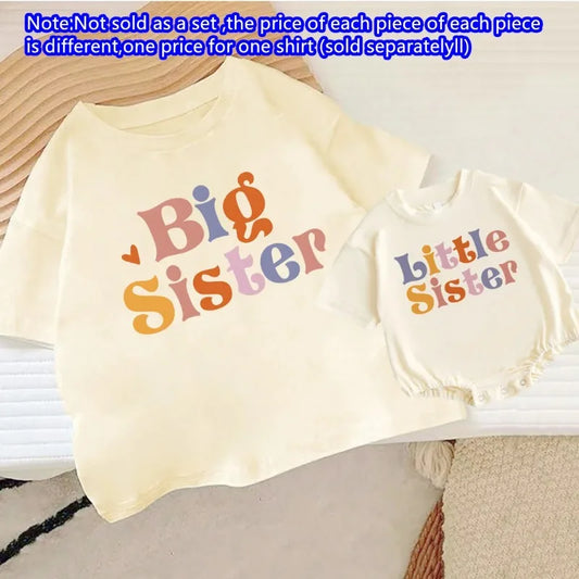 Big/Little Sister Print Family Matching Set Casual Retro Sisters Outfit Short Sleeve Kid T-shirt+Baby Bodysuit Summer Clothes