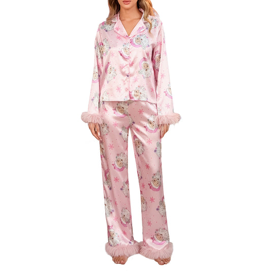 Matching Family Christmas Pajamas Set with Santa Print Button Down Long Sleeve Lapel Tops and Pants for Mommy and Me Sleepwear