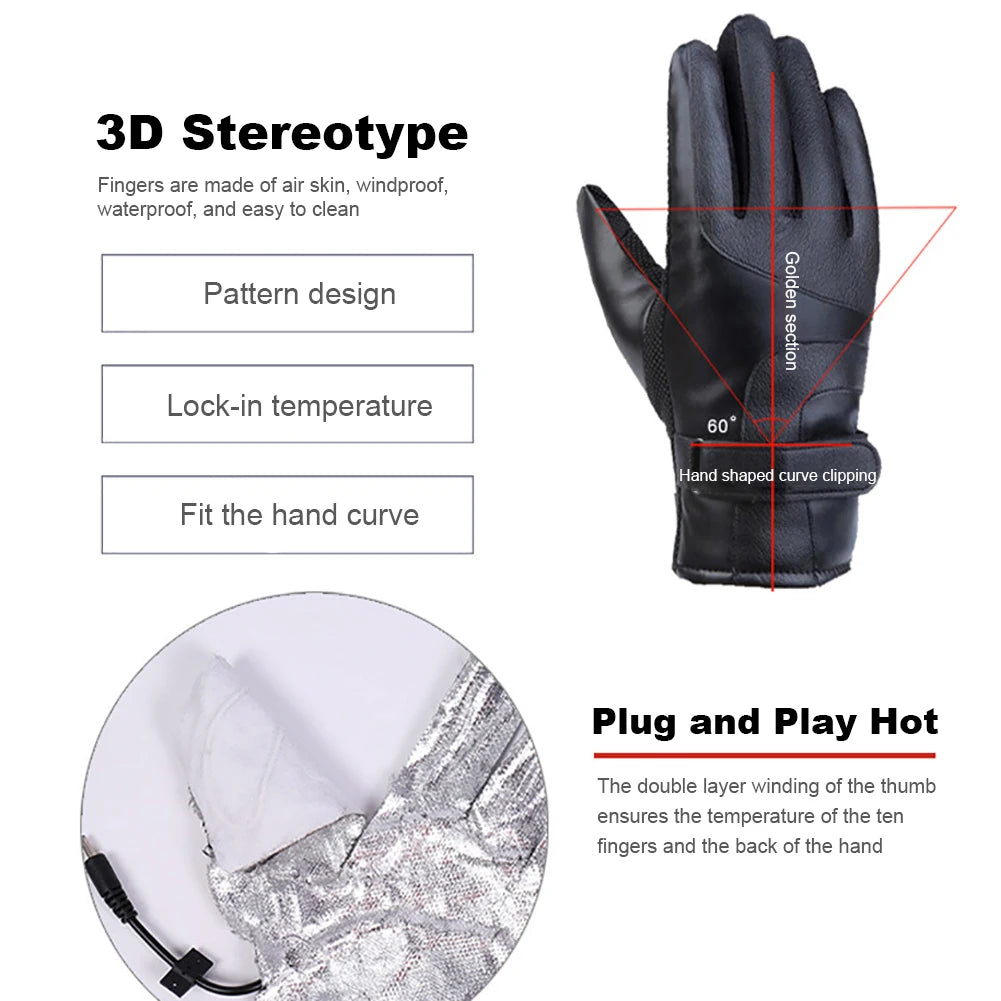 Motorcycle Winter Heated Gloves Windproof Thickened Warm Muffs Waterproof Outdoor Keep Warm Guantes PU Leather for Skiing Hiking