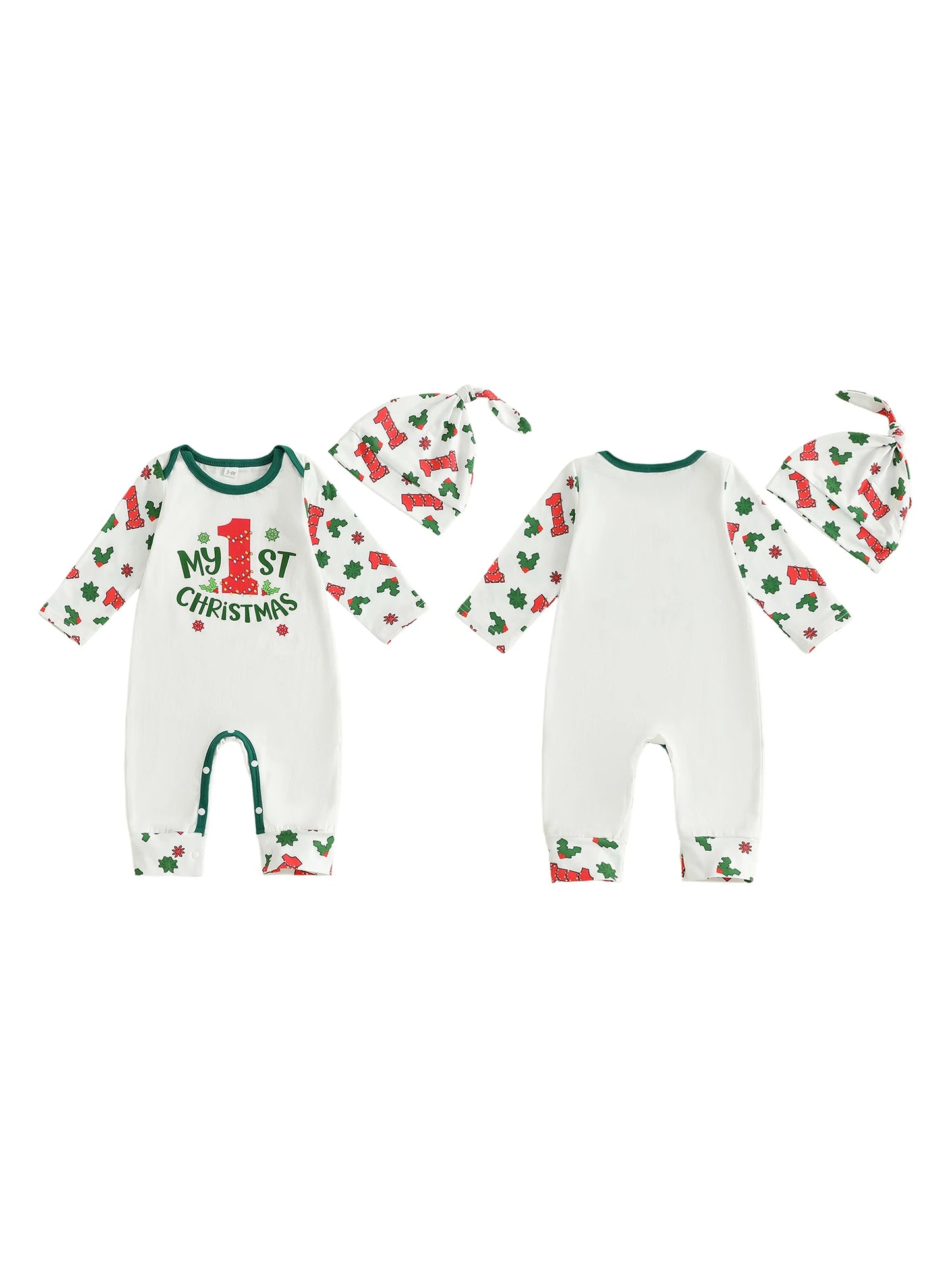 Infant Boy Holiday Romper with Festive Letter and Snowflake Print Long Sleeve Jumpsuit with Matching Hat for Christmas Cheer