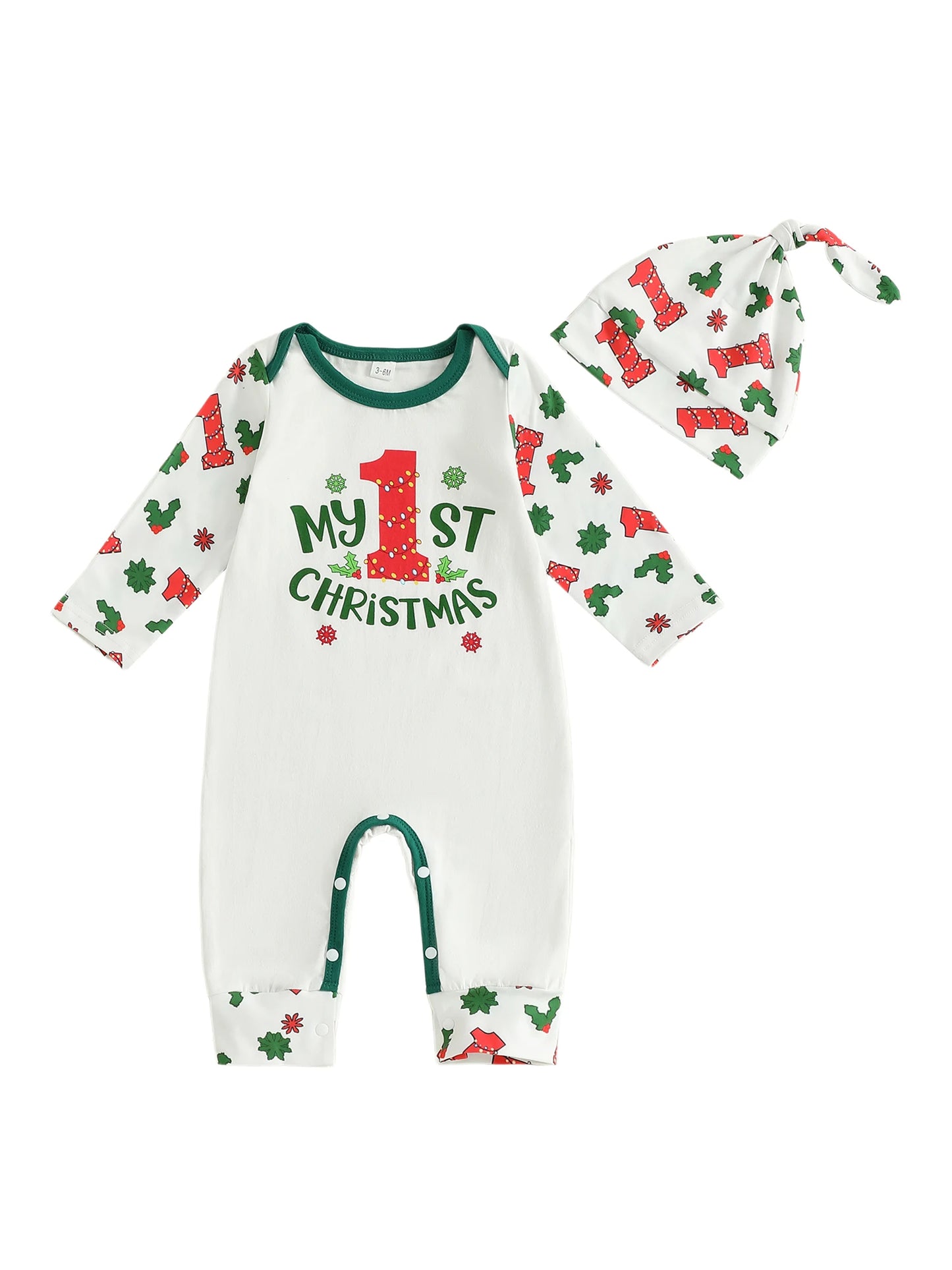 Infant Boy Holiday Romper with Festive Letter and Snowflake Print Long Sleeve Jumpsuit with Matching Hat for Christmas Cheer