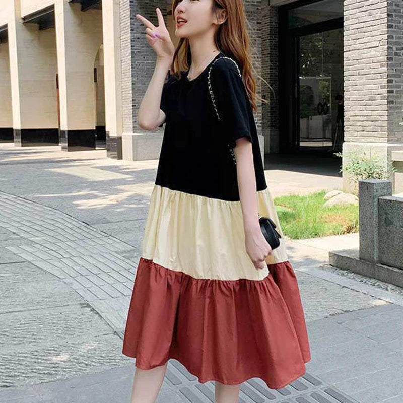 Pregnant Summer Maternity Clothes Green Beige Short Sleeve O-neck Drawstring Waist Pregnant Woman Ball Gown Dress Chiffon Dress