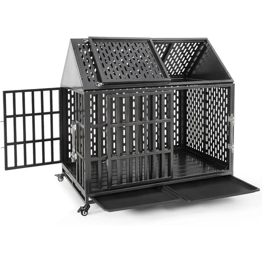 Heavy Duty Dog Crate with Self-Locking Latch for High Anxiety Dogs, Indestructible Large Kennel Indoor with Pointed Roof