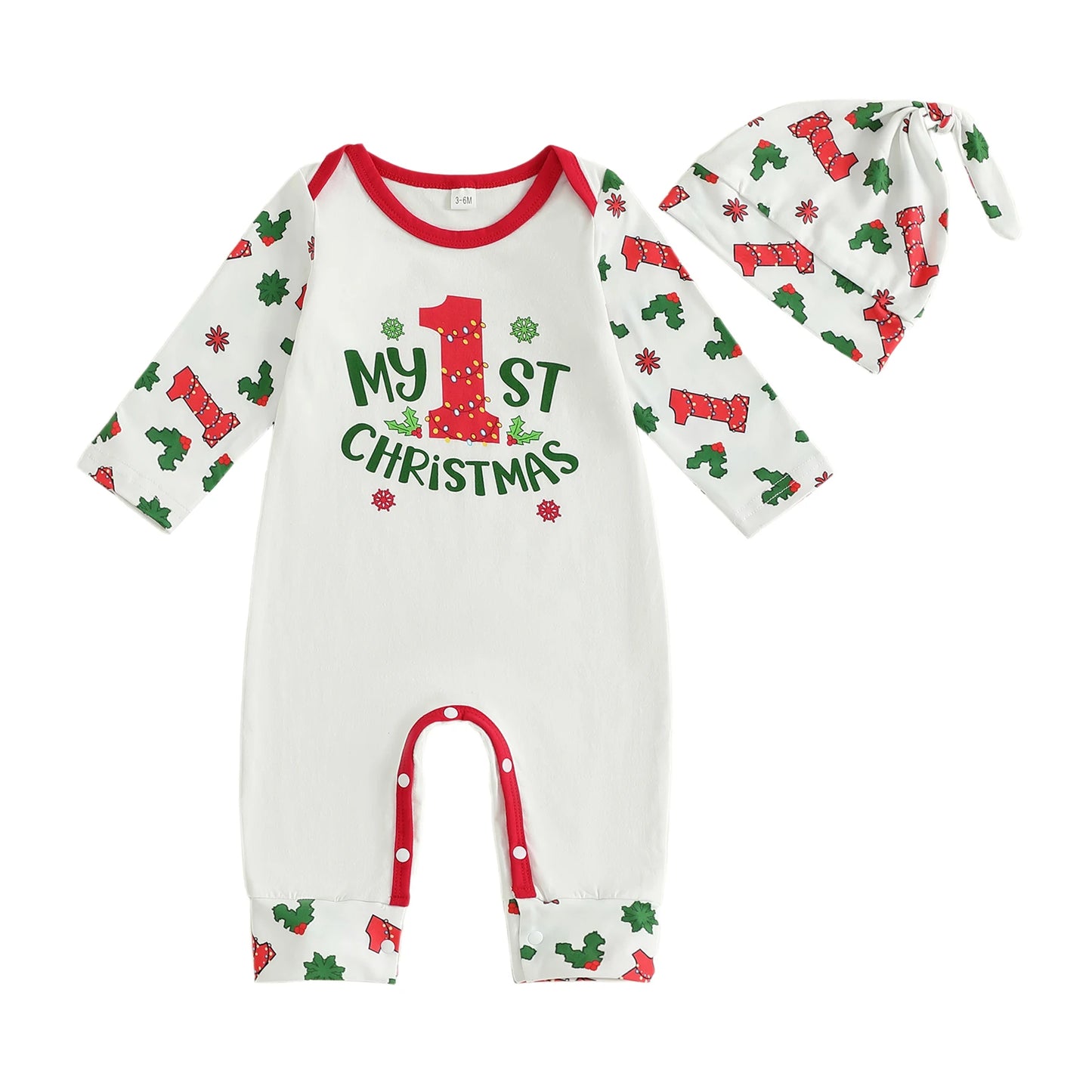 Infant Boy Holiday Romper with Festive Letter and Snowflake Print Long Sleeve Jumpsuit with Matching Hat for Christmas Cheer