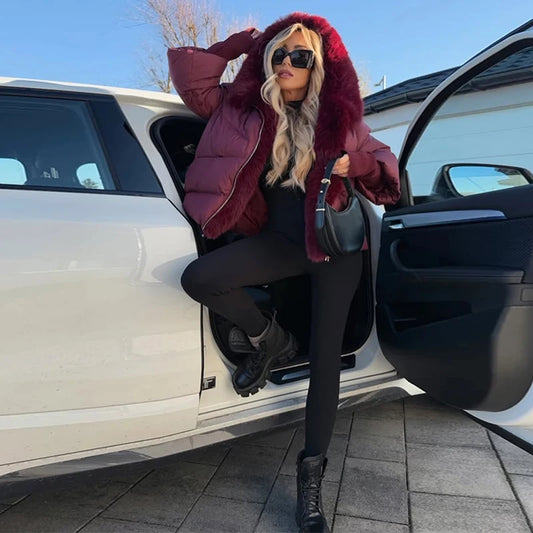 Women Faux Fur Patchwork Padded Jacket Warm Daily Hooded Zipper Cropped Coat Lady New Winter Elegant Fashion Street Outwear 2025