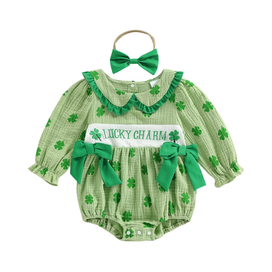 Adorable Toddler St Patrick s Day  with Clover Applique and Matching Bow Headband for Baby Girl s Outfit