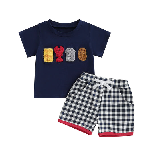 Boys Summer Outfit Set with Short Sleeve Lobster Embroidered Top and Plaid Drawstring Shorts O Neck Design for Comfort