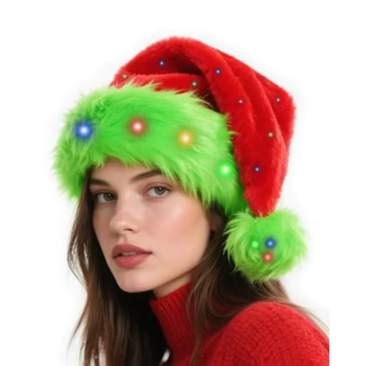 Hikkcos Light Up Green Lime Santa Hat with Colorful Light for Adults Xmas New Year Party Headwear Perfect for Holiday Celebrati
