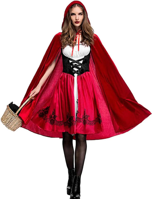 Women's Little Red Riding Hood Costume Halloween Cosplay Little Red Riding Hood Outfit Robe Cloak Full Length Hooded
