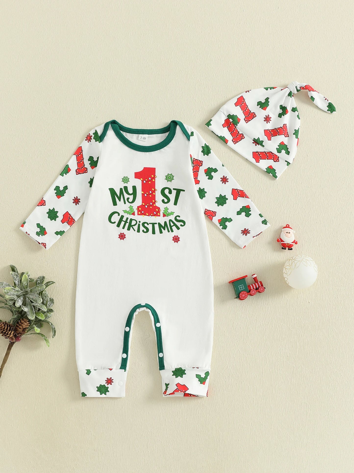 Infant Boy Holiday Romper with Festive Letter and Snowflake Print Long Sleeve Jumpsuit with Matching Hat for Christmas Cheer