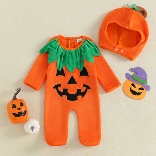 Infant Halloween Costume Set with Long Sleeve Pumpkin Romper Footed Jumpsuit and Matching Hat for Baby Girl