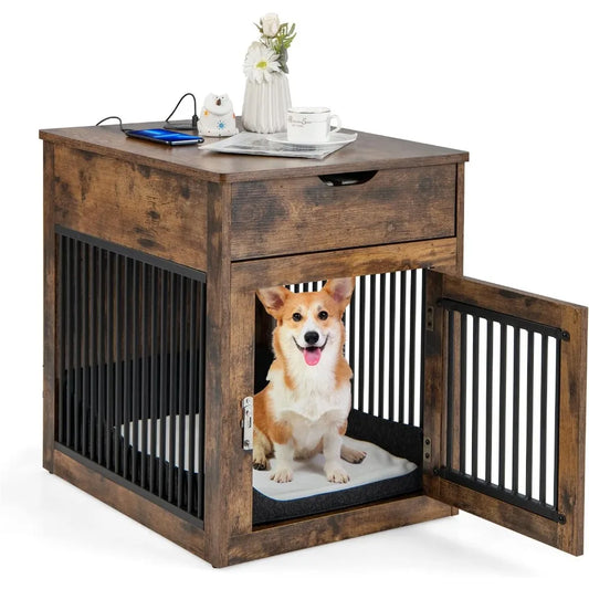 Dog Crate Furniture, Dog Kennel End Table with Chew-Proof Metal Fence, Lockable Door, Storage Drawer, Wired and Wireless