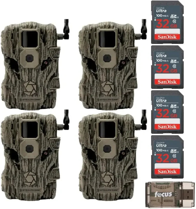 Fusion X 26MP Trail Camera (Verizon, 4-Pack) Bundle with 32GB SD Card (4-Pack) and Card Reader Compatible with Mac a