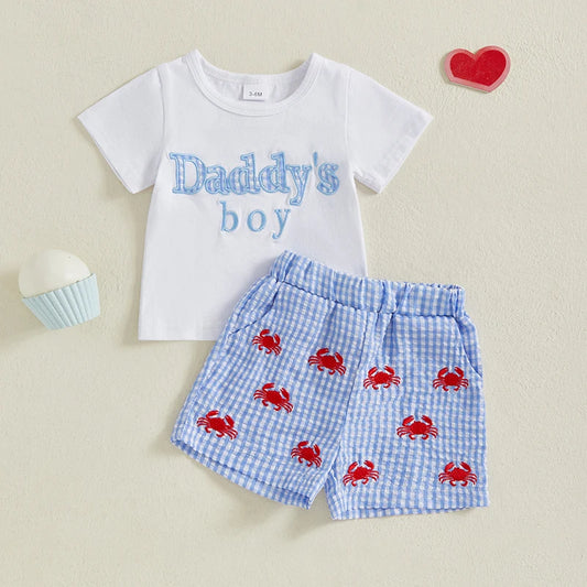 Toddler Boys Casual Outfits with Cute Animal Print Short Sleeves T-Shirt and Elastic Waistband Plaid Shorts Set for Summer