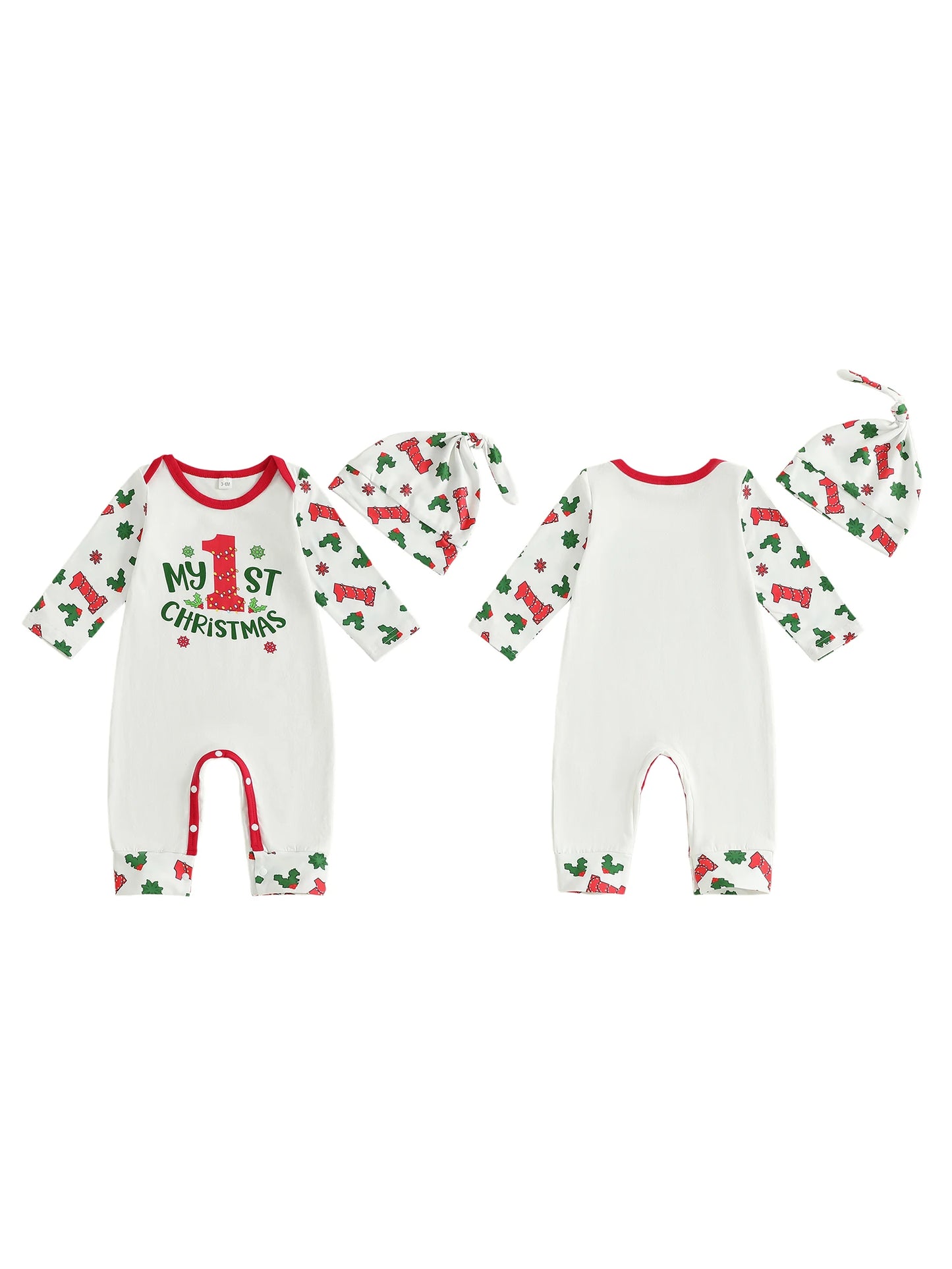 Infant Boy Holiday Romper with Festive Letter and Snowflake Print Long Sleeve Jumpsuit with Matching Hat for Christmas Cheer