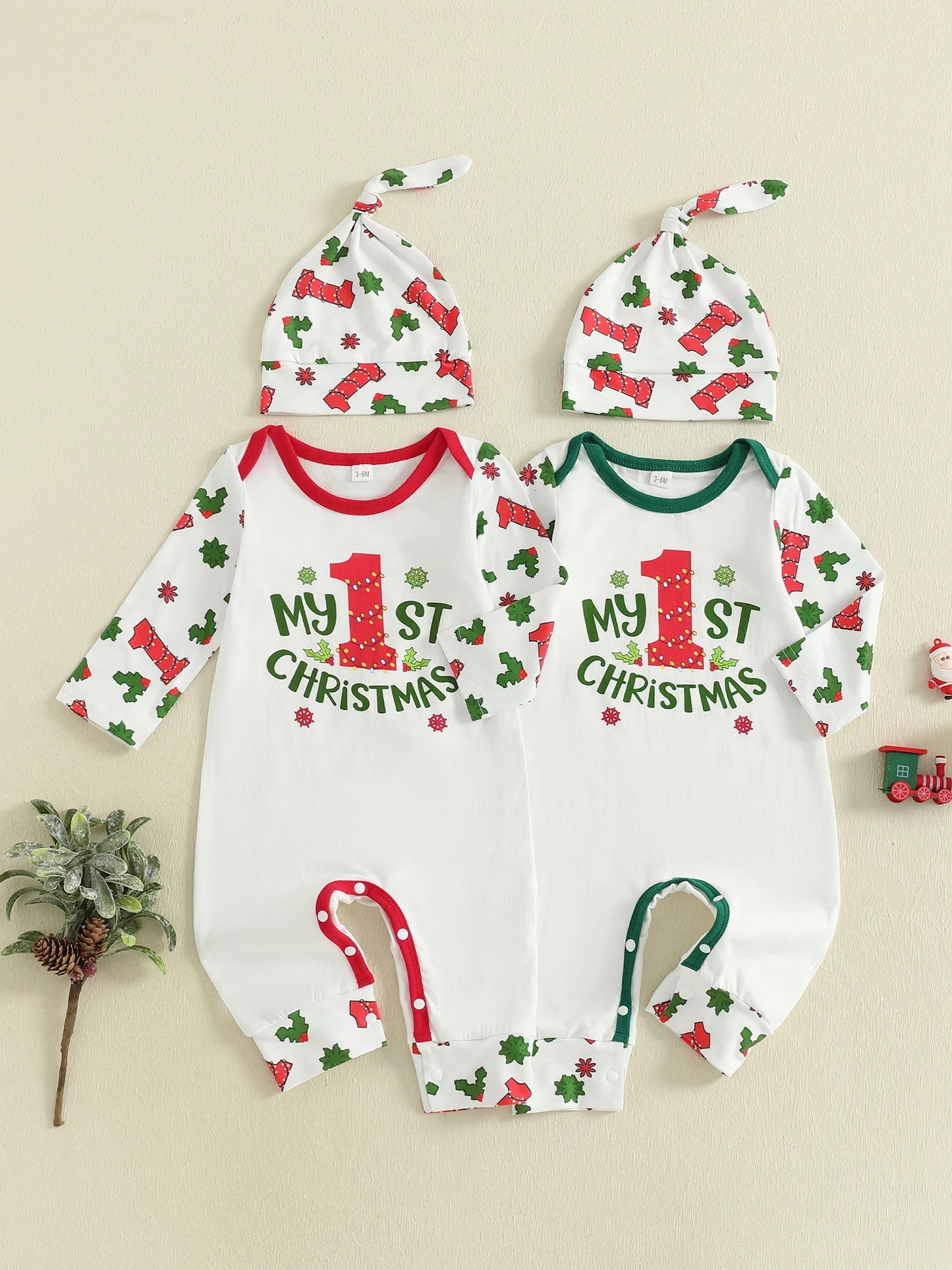 Infant Boy Holiday Romper with Festive Letter and Snowflake Print Long Sleeve Jumpsuit with Matching Hat for Christmas Cheer