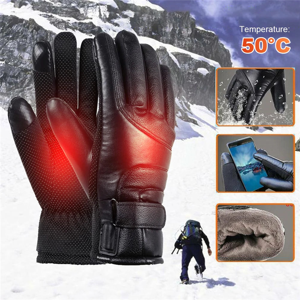 Motorcycle Winter Heated Gloves Windproof Thickened Warm Muffs Waterproof Outdoor Keep Warm Guantes PU Leather for Skiing Hiking