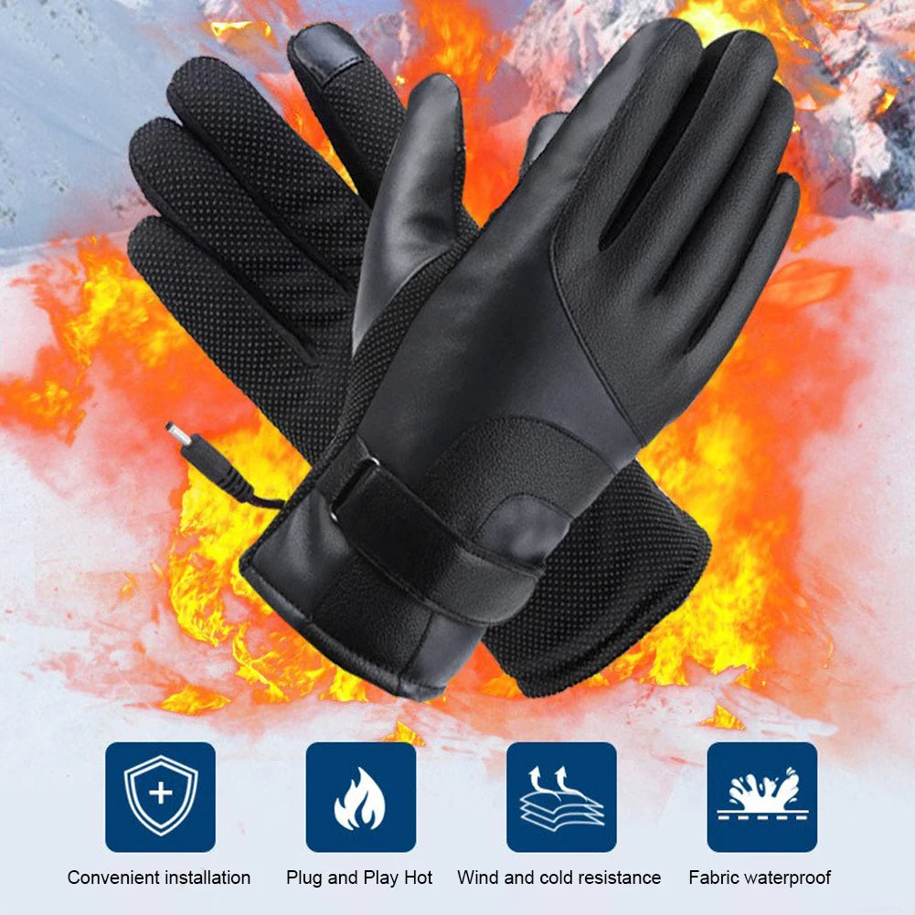 Motorcycle Winter Heated Gloves Windproof Thickened Warm Muffs Waterproof Outdoor Keep Warm Guantes PU Leather for Skiing Hiking