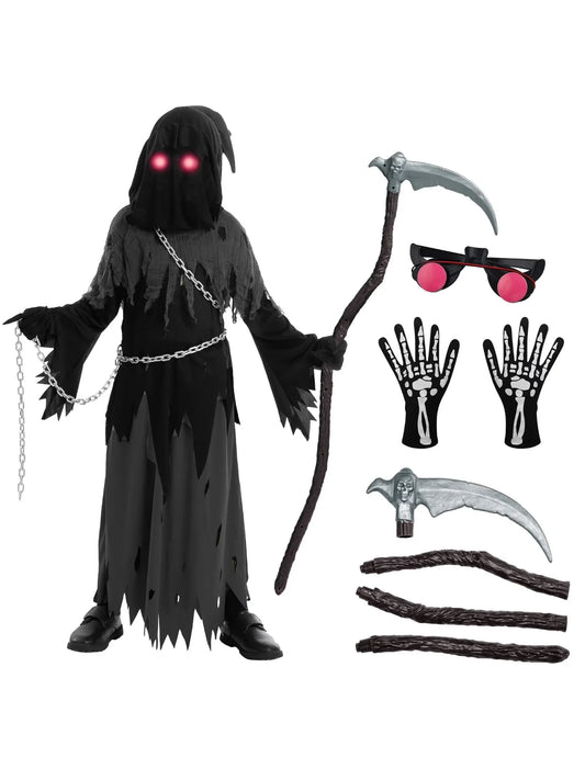 Joyfy Child Glowing Eyes Grim Reaper Costume, Phantom Costume for Kids Halloween Fancy Dress Up 5-12 Years