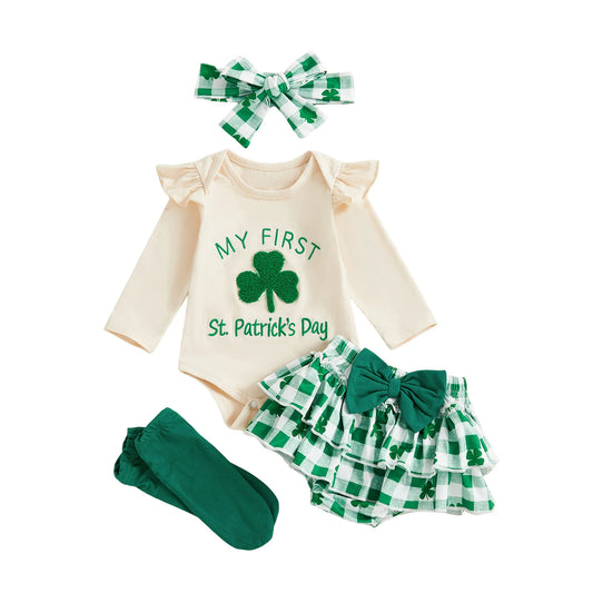 St Patrick s Day Toddler Girls 4 Piece Set with Clover Embroidery Long Sleeve Jumpsuit Headband Skirt and Leg Warmers for