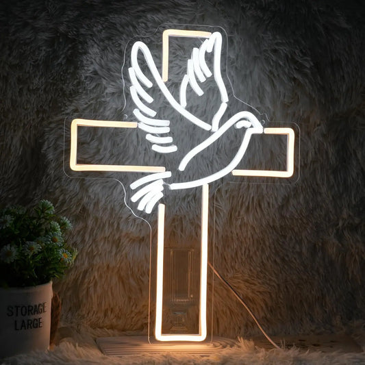 Cross Neon Sign Adjust Bright LED Easter Cross Neon Light Dove of Peace Night Light Party Wedding Home Bedroom Room Decor Gifts