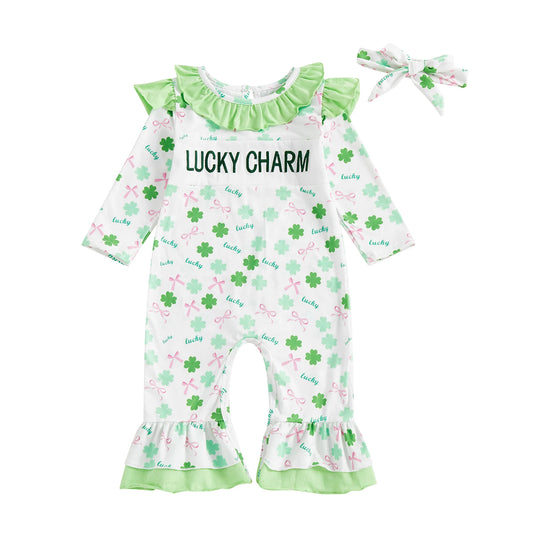 Stylish Baby Girl St Patrick s Day Clover Print Romper Adorable Ruffled Long Sleeve Jumpsuit for a Fashionable Look