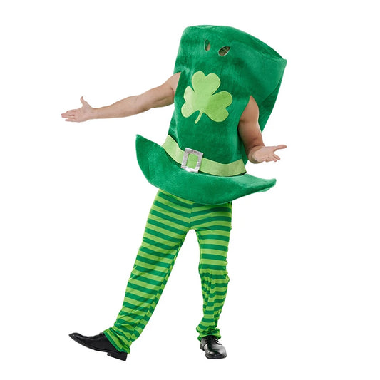 Green St Patrick s Day Costume Set with Leprechaun Hat Sleeveless Top and Striped Print Pants for Cosplay