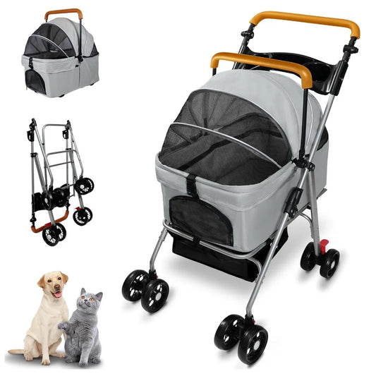 Pet Stroller with Storage Basket and Cup Holder, Folding Dog Jogger, Foldable Cat Stroller, 3 in 1 Puppy Kitten Cart, Pet Jogger
